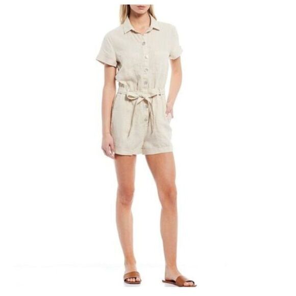 Anthropologie Cloth & Stone Linen Romper Button Down Short Sleeve Beige Size S - Picture 2 of 7